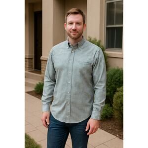 Nautica Men’s XL White Blue Check Button Down Shirt Long Sleeve 100% Cotton